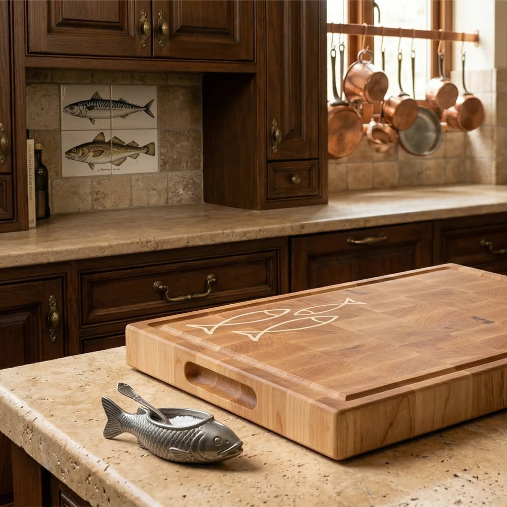 Wooden Butchers Black in Maple Hardwood with Fish Illustration Inlay